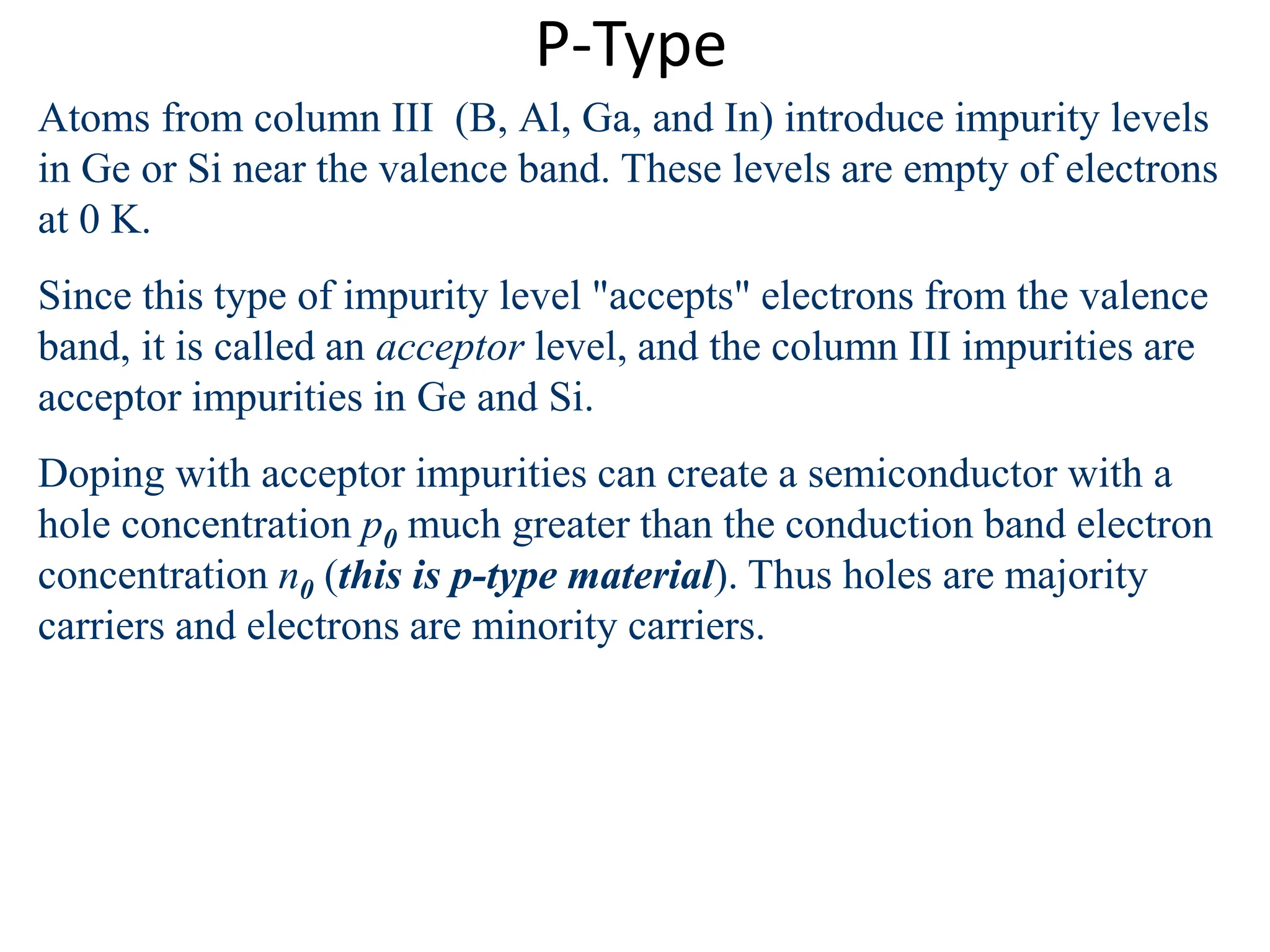 P-Type
Atoms from column III (B, Al, Ga, and In) introduce impurity levels
in Ge or Si near the valence band. These levels are empty of electrons
at 0 K.
Since this type of impurity level "accepts" electrons from the valence
band, it is called an acceptor level, and the column III impurities are
acceptor impurities in Ge and Si.
Doping with acceptor impurities can create a semiconductor with a
hole concentration p0 much greater than the conduction band electron
concentration n0 (this is p-type material). Thus holes are majority
carriers and electrons are minority carriers.
 