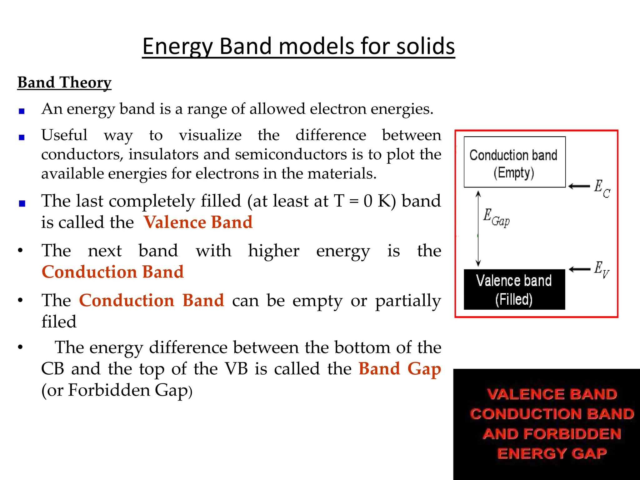 Energy Band models for solids
Band Theory
An energy band is a range of allowed electron energies.
Useful way to visualize the difference between
conductors, insulators and semiconductors is to plot the
available energies for electrons in the materials.
The last completely filled (at least at T = 0 K) band
is called the Valence Band
• The next band with higher energy is the
Conduction Band
• The Conduction Band can be empty or partially
filed
• The energy difference between the bottom of the
CB and the top of the VB is called the Band Gap
(or Forbidden Gap)
 