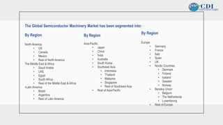 v
The Global Semiconductor Machinery Market has been segmented into:
By Region
North America
• US
• Canada
• Mexico
• Rest of North America
The Middle East & Africa
• Saudi Arabia
• UAE
• Egypt
• South Africa
• Rest of the Middle East & Africa
•Latin America
• Brazil
• Argentina
• Rest of Latin America
By Region
Asia-Pacific
• Japan
• China
• India
• Australia
• South Korea
• Southeast Asia
• Indonesia
• Thailand
• Malaysia
• Singapore
• Rest of Southeast Asia
• Rest of Asia-Pacific
By Region
Europe
• Germany
• France
• Italy
• Spain
• UK
• Nordic Countries
• Denmark
• Finland
• Iceland
• Sweden
• Norway
• Benelux Union
• Belgium
• The Netherlands
• Luxembourg
• Rest of Europe
 