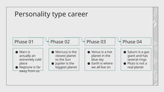 Personality type career
● Mars is
actually an
extremely cold
place
● Neptune is far
away from us
Phase 01
● Mercury is the
closest planet
to the Sun
● Jupiter is the
biggest planet
Phase 02
● Venus is a hot
planet in the
blue sky
● Earth is where
we all live on
Phase 03
● Saturn is a gas
giant and has
several rings
● Pluto is not a
real planet
Phase 04
 