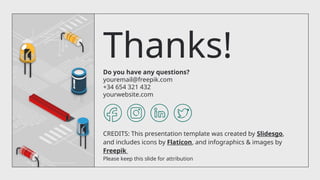 CREDITS: This presentation template was created by Slidesgo,
and includes icons by Flaticon, and infographics & images by
Freepik
Do you have any questions?
youremail@freepik.com
+34 654 321 432
yourwebsite.com
Please keep this slide for attribution
Thanks!
 