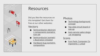 Photos
● Technology background
concept
● Top view circuit board cl
ose-up
● Auto service salon doign
car wrapping
Icons
● Icon Pack: Computer Co
mponents | Lineal
Resources
Did you like the resources on
this template? Get them for
free at our other websites:
Vectors
● Semiconductor electroni
c components isometric
icon set
● Semiconductor isometri
c illustration imitated
● Hardware bug isometric
composition
 