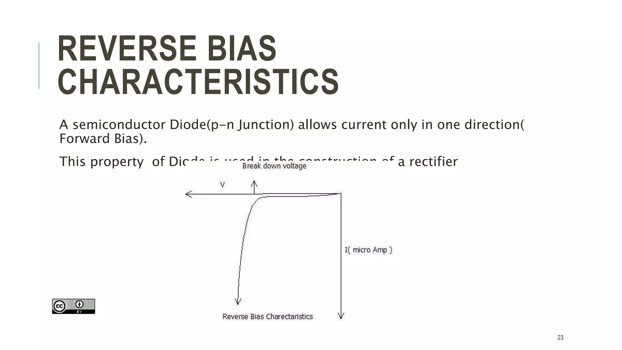 REVERSE BIAS
CHARACTERISTICS
A semiconductor Diode(p-n Junction) allows current only in one direction(
Forward Bias).
This property of Diode is used in the construction of a rectifier
23
 