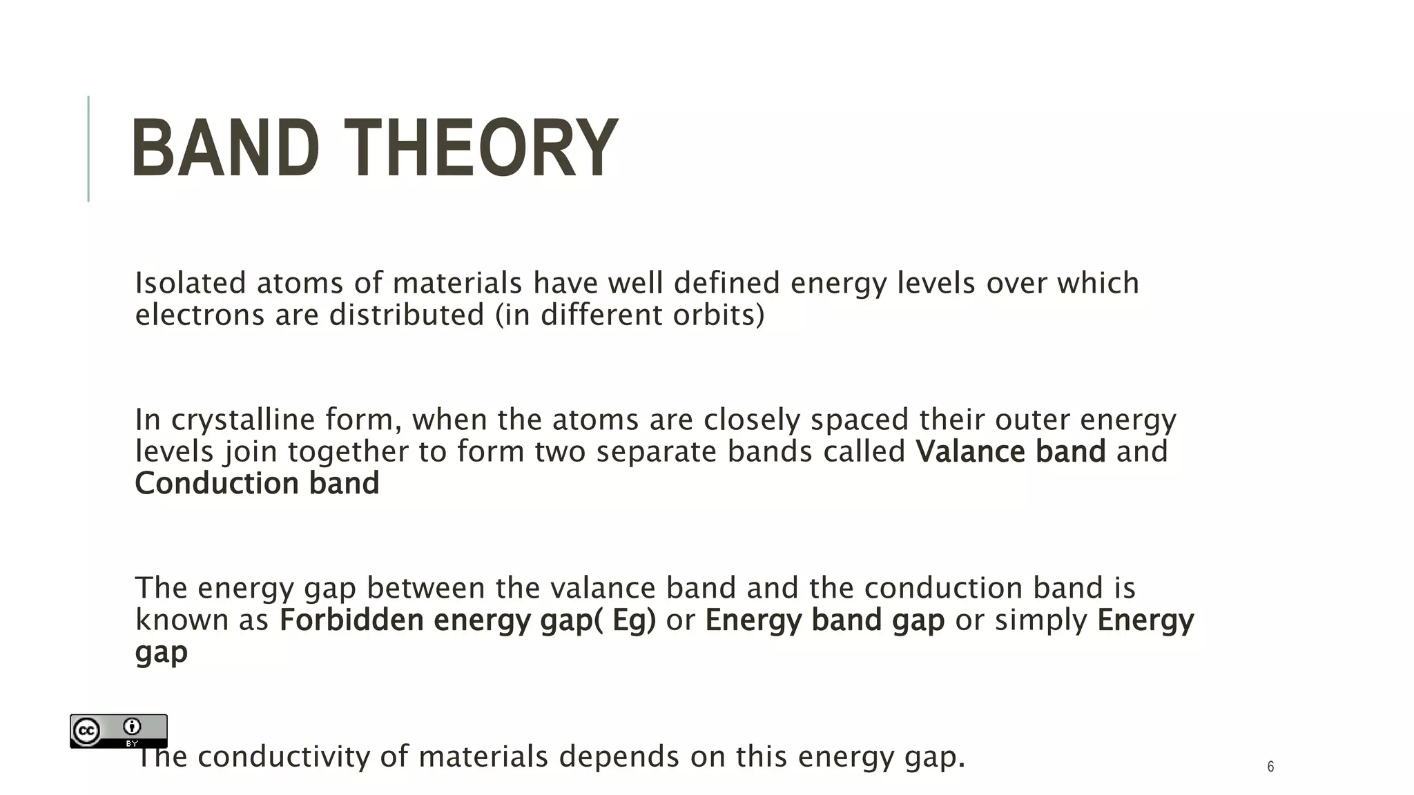 BAND THEORY
Isolated atoms of materials have well defined energy levels over which
electrons are distributed (in different orbits)
In crystalline form, when the atoms are closely spaced their outer energy
levels join together to form two separate bands called Valance band and
Conduction band
The energy gap between the valance band and the conduction band is
known as Forbidden energy gap( Eg) or Energy band gap or simply Energy
gap
The conductivity of materials depends on this energy gap. 6
 