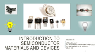 INTRODUCTION TO
SEMICONDUCTOR
MATERIALS AND DEVICES
Presented By
S.ARUNBHAARAT
6017f17de69b11e9b0fe59835bdf11f2(App
SASTRA Deemed To be University
B.Tech ECE
1
 