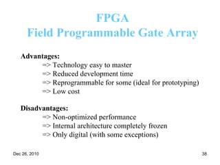 Advantages:  => Technology easy to master  => Reduced development time  => Reprogrammable for some (ideal for prototyping)  => Low cost   Disadvantages:  => Non-optimized performance  => Internal architecture completely frozen  => Only digital (with some exceptions) FPGA Field Programmable Gate Array 