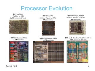 Processor Evolution   1979  MOTOROLA 68000 the Most Powerful µp16-Bit  40k  transistors 1971  Intel 4004  The First µp  4-Bit 2,25k  transistors,24mm2 1976  Zilog   Z80  the Most Popular µp 8-bit 4,5k  transistors 1993  Intel Pentium 32 bit 3.1M  transistors 2003  AMD  Opteron  64 bit 233M  transistors 2008   AMD Barcelona Quad-Core 128 bit  463M  transistors ,283 mm2 