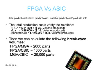FPGA Vs ASIC total product cost = fixed product cost + variable product cost *products sold The total production costs verify the relations:     FPGA =  $ 21,800  + ( $ 39 . Volume produced)    Mga  =  $ 86,000  + ( $ 10 . Volume produced)    Standard Cell =  $ 146,000  + ( $ 8 . Volume produced)  Then we can calculate the following  break-even volumes :   FPGA/MGA ~ 2000 parts   FPGA/CBIC ~ 4000 parts   MGA/CBIC  ~ 20,000 parts 