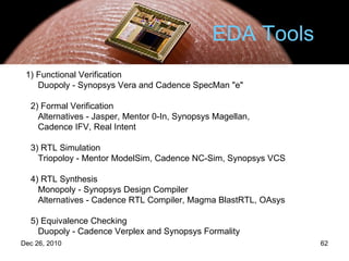 EDA Tools 1) Functional Verification Duopoly - Synopsys Vera and Cadence SpecMan "e" 2) Formal Verification Alternatives - Jasper, Mentor 0-In, Synopsys Magellan, Cadence IFV, Real Intent 3) RTL Simulation Triopoloy - Mentor ModelSim, Cadence NC-Sim, Synopsys VCS 4) RTL Synthesis Monopoly - Synopsys Design Compiler Alternatives - Cadence RTL Compiler, Magma BlastRTL, OAsys 5) Equivalence Checking Duopoly - Cadence Verplex and Synopsys Formality 