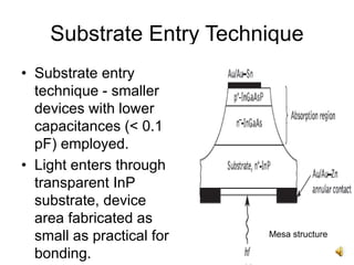 12
Substrate Entry Technique
• Substrate entry
technique - smaller
devices with lower
capacitances (< 0.1
pF) employed.
• Light enters through
transparent InP
substrate, device
area fabricated as
small as practical for
bonding.
Mesa structure
 