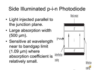 14
Side Illuminated p-i-n Photodiode
• Light injected parallel to
the junction plane.
• Large absorption width
(500 μm).
• Sensitive at wavelength
near to bandgap limit
(1.09 μm) where
absorption coefficient is
relatively small.
 