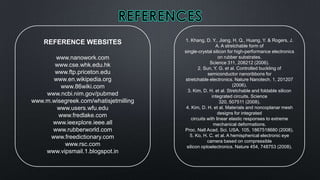 REFERENCE WEBSITES
www.nanowork.com
www.cse.whk.edu.hk
www.ftp.priceton.edu
www.en.wikipedia.org
www.86wiki.com
www.ncbi.nim.gov/pubmed
www.m.wisegreek.com/whatisjetmilling
www.users.wfu.edu
www.fredlake.com
www.ieexplore.ieee.all
www.rubberworld.com
www.freedictionary.com
www.rsc.com
www.vipsmail.1.blogspot.in

1. Khang, D. Y., Jiang, H. Q., Huang, Y. & Rogers, J.
A. A stretchable form of
single-crystal silicon for high-performance electronics
on rubber substrates.
Science 311, 208212 (2006).
2. Sun, Y. G. et al. Controlled buckling of
semiconductor nanoribbons for
stretchable electronics. Nature Nanotech. 1, 201207
(2006).
3. Kim, D. H. et al. Stretchable and foldable silicon
integrated circuits. Science
320, 507511 (2008).
4. Kim, D. H. et al. Materials and noncoplanar mesh
designs for integrated
circuits with linear elastic responses to extreme
mechanical deformations.
Proc. Natl Acad. Sci. USA. 105, 1867518680 (2008).
5. Ko, H. C. et al. A hemispherical electronic eye
camera based on compressible
silicon optoelectronics. Nature 454, 748753 (2008).

 