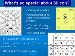 What’s so special about Silicon?
Cheap and abundant
Amazing mechanical,
chemical and electronic
properties
The material is very
well-known to mankind
SiO2: sand, glass
Si is column IV of the periodic table
Similar to the carbon (C) and the
germanium (Ge)
Has 3s² and 3p² valence electrons

 