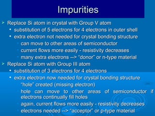 Impurities




Replace Si atom in crystal with Group V atom

substitution of 5 electrons for 4 electrons in outer shell

extra electron not needed for crystal bonding structure
• can move to other areas of semiconductor
• current flows more easily - resistivity decreases
• many extra electrons --> “donor” or n-type material
Replace Si atom with Group III atom
 substitution of 3 electrons for 4 electrons
 extra electron now needed for crystal bonding structure
• “hole” created (missing electron)
• hole can move to other areas of semiconductor if
electrons continually fill holes
• again, current flows more easily - resistivity decreases
• electrons needed --> “acceptor” or p-type material

 