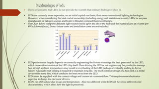 Disadvantages of leds
 There are concerns that LEDs do not provide the warmth that ordinary bulbs give when lit.
 LEDs are currently more expensive, on an initial capital cost basis, than more conventional lighting technologies.
However, when considering the total cost of ownership (including energy and maintenance costs), LEDs far surpass
incandescent or halogen sources and begin to threaten compact fluorescent lamps.
 The Chart Below compares different light sources based upon the life of the bulb and the electrical cost at 10 cents per
kWh (kilowatt hour). Note: fixture costs and installation costs are not included.
 LED performance largely depends on correctly engineering the fixture to manage the heat generated by the LED,
which causes deterioration of the LED chip itself. Over-driving the LED or not engineering the product to manage
heat in high ambient temperatures may result in overheating of the LED package, eventually leading to device
failure. Adequate heat-sinking is required to maintain long life. The most common design of a heat sink is a metal
device with many fins, which conducts the heat away from the LED.
 LEDs must be supplied with the correct voltage and current at a constant flow. This requires some electronics
expertise to design the electronic drivers.
 LED’s can shift colour due to age and temperature. Also two different white LED will have two different color
characteristics, which affect how the light is perceived.
 