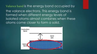 Valance band is the energy band occupied by
the valance electrons. This energy band is
formed when different energy levels of
isolated atoms almost combines when these
atoms come closer to form a solid.
 