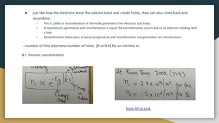 ● just like how the electrons leave the valence band and create holes, they can also come back and
recombine.
○ This is called as recombination of thermally generated free electrons and holes.
○ At equilibrium, generation and recombination is equal.The recombination occurs due to an electron colliding with
a hole
○ Recombination takes place at every temperature and recombination and generation are simultaneous.
→number of free electrons=number of holes. [N e=N h] for an intrinsic sc
N i: intrinsic concentration
from 40 to end.
 