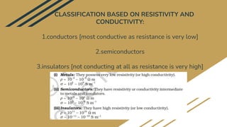 CLASSIFICATION BASED ON RESISTIVITY AND
CONDUCTIVITY:
1.conductors [most conductive as resistance is very low]
2.semiconductors
3.insulators [not conducting at all as resistance is very high]
 