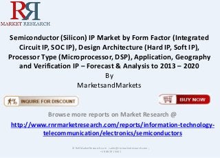Semiconductor (Silicon) IP Market by Form Factor (Integrated
Circuit IP, SOC IP), Design Architecture (Hard IP, Soft IP),
Processor Type (Microprocessor, DSP), Application, Geography
and Verification IP – Forecast & Analysis to 2013 – 2020
By
MarketsandMarkets
Browse more reports on Market Research @
http://www.rnrmarketresearch.com/reports/information-technology-
telecommunication/electronics/semiconductors
© RnRMarketResearch.com ; sales@rnrmarketresearch.com ;
+1 888 391 5441
 