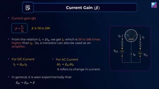 𝑉𝐸𝐸
𝑉𝐶𝐶
𝐼𝐵
𝐼𝐸 𝐼𝐶
Current Gain (𝜷)
𝛽 =
𝐼𝐶
𝐼𝐵
• Current gain (𝛽)
𝛽 ≅ 50 𝑡𝑜 200
• From the relation 𝐼𝐶 = 𝛽𝐼𝐵, we get 𝐼𝐶 which is 50 to 200 times
higher than 𝐼𝐵 . So, a transistor can also be used as an
amplifier.
• For DC Current
𝐼𝐶 = 𝛽𝐷𝐶𝐼𝐵
• For AC Current
∆𝐼𝐶 = 𝛽𝐴𝐶∆𝐼𝐵
It refers to change in current.
𝛽𝐴𝐶 = 𝛽𝐷𝐶 = 𝛽
• In general, it is seen experimentally that:
 
