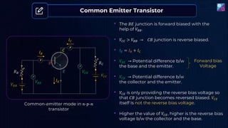 Common-emitter mode in 𝑛-𝑝-𝑛
transistor
Common Emitter Transistor
𝑉𝐵𝐸
𝑉𝐶𝐸
𝐼𝐵
𝐼𝐶
𝐶
𝐸
𝐵
𝑉𝐵𝐵
𝑉𝐶𝐶
𝑅𝐵
𝑅𝐶
𝐼𝐸
• 𝑉𝐵𝐸 → Potential difference b/w
the base and the emitter.
• 𝑉𝐶𝐸 → Potential difference b/w
the collector and the emitter.
• 𝑉𝐶𝐶 > 𝑉𝐵𝐵 → 𝐶𝐵 junction is reverse biased.
• The 𝐵𝐸 junction is forward biased with the
help of 𝑉𝐵𝐵.
Forward bias
Voltage
• 𝐼𝐸 = 𝐼𝐵 + 𝐼𝐶
• 𝑉𝐶𝐸 is only providing the reverse bias voltage so
that 𝐶𝐵 junction becomes reversed biased. 𝑉𝐶𝐸
itself is not the reverse bias voltage.
• Higher the value of 𝑉𝐶𝐸, higher is the reverse bias
voltage b/w the collector and the base.
 