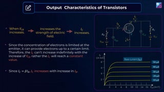 Output Characteristics of Transistors
• When 𝑉𝐶𝐸
increases.
𝐼𝐶
Increases.
Increases the
strength of electric
field.
• Since the concentration of electrons is limited at the
emitter, it can provide electrons up to a certain limit.
Therefore, the 𝐼𝐶 can’t increase indefinitely with the
increase of 𝑉𝐶𝐸 rather the 𝐼𝐶 will reach a constant
value.
• Since 𝐼𝐶 = 𝛽𝐼𝐵, 𝐼𝐶 increases with increase in 𝐼𝐵.
𝑉𝐶𝐸(𝑖𝑛 𝑉)
2 4 6 8 10 12 14 16
𝐼𝐶
(𝑖𝑛 𝑚𝐴)
2
4
6
8
Base current (𝐼𝐵)
50 𝜇𝐴
40 𝜇𝐴
30 𝜇𝐴
20 𝜇𝐴
10 𝜇𝐴
 