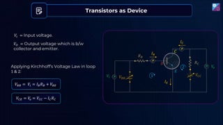Transistors as Device
Applying Kirchhoff’s Voltage Law in loop
1 & 2:
𝑉𝐵𝐵 = 𝑉𝑖 = 𝐼𝐵𝑅𝐵 + 𝑉𝐵𝐸
1
𝑉𝑖
𝐼𝐵
𝐼𝐶
𝐶
𝐸
𝐵
𝑉𝐵𝐵
𝑉𝐶𝐶
𝑅𝐶
𝑅𝐵
𝑉
𝑜
𝐼𝐸
2
𝑉𝐶𝐸 = 𝑉
𝑜 = 𝑉𝐶𝐶 − 𝐼𝐶𝑅𝐶
𝑉𝑖 = Input voltage.
𝑉𝑂 = Output voltage which is b/w
collector and emitter.
 