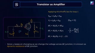 Transistor as Amplifier
𝑉𝑖
𝐼𝐵
𝐼𝐶
𝐶
𝐸
𝐵
𝑉𝐵𝐵
𝑉𝐶𝐶
𝑅𝐶
𝑅𝐵
𝑉
𝑜
𝐼𝐸
1
Applying Kirchhoff’s law for loop 1
𝑉𝐵𝐵 = 𝐼𝐵𝑅𝐵 + 𝑉𝐵𝐸
𝑉𝑖 = 𝐼𝐵𝑅𝐵 + 𝑉𝐵𝐸 [𝑉𝐵𝐵 = 𝑉𝑖]
∆𝑉𝑖 = ∆𝐼𝐵𝑅𝐵 + ∆𝑉𝐵𝐸
∆𝑉𝑖 = ∆𝐼𝐵𝑅𝐵 + ∆𝐼𝐵𝑟𝑖 ∴ 𝑟𝑖 =
∆𝑉𝐵𝐸
∆𝐼𝐵
∆𝑉𝑖 = ∆𝐼𝐵 𝑅𝐵 + 𝑟𝑖 … (1)
• Since 𝑟𝑖 keeps on changing as we change the voltage across 𝐵𝐸 junction, it is known as
dynamic resistance of 𝐵𝐸 junction.
 