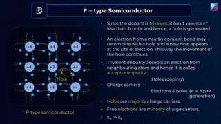 𝑷 − type Semiconductor
P-type semiconductor
+4 +4 +4
+4 +3 +4
+4 +4 +4
Hole
• Since the dopant is trivalent, it has 1 valence 𝑒−
less than 𝑆𝑖 or 𝐺𝑒 and hence, a hole is generated.
• An electron from a nearby covalent bond may
recombine with a hole and a new hole appears
at the site of electron. This way the movement of
the hole continues.
• Holes are majority charge carriers.
• Free electrons are minority charge carriers.
• 𝑛ℎ ≫ 𝑛𝑒
• Charge carriers
Holes (doping)
(𝑒 − ℎ pair
generation)
Electrons & holes
• Trivalent impurity accepts an electron from
neighbouring atom and hence it is called
acceptor impurity.
 
