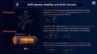 Drift Speed: The average speed attained by charge
carriers (electrons here) in a conductor in a direction
opposite to the electric field is:
𝑣𝑑 = −
𝑒𝜏𝐸
𝑚
𝐴
𝑙
𝐵 𝐵′
𝜏1
𝜏2
𝜏3
𝜏4
𝜏5
𝜏6
𝜏7
𝜏8
𝐸
Drift Speed:
Drift Current:
𝐸
0 𝑉
+
−
𝑣𝑑
Electron (𝑒−
)
𝐴
Drift Speed, Mobility and Drift Current
𝜇 =
𝑣𝑑
𝐸
=
𝑒𝜏
𝑚
Mobility: The value of the drift speed per unit of electric
field strength. So, the faster the particle moves at a
given electric field strength, the larger the mobility.
Drift Current: is due to the motion of charge carriers
due to the force exerted on them by an electric field:
𝐼 = 𝑛𝑒𝐴𝑣𝑑
𝜇h < 𝜇e
𝐽 =
𝐼
𝐴
= 𝑛𝑒𝑣𝑑
 