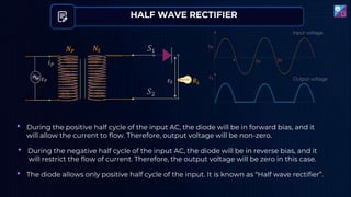 HALF WAVE RECTIFIER
𝜀𝑃 𝜀𝑆
𝑁𝑆 𝑆1
𝑆2
𝑁𝑃
𝑅𝐿
𝑖𝑃
• During the positive half cycle of the input AC, the diode will be in forward bias, and it
will allow the current to flow. Therefore, output voltage will be non-zero.
• During the negative half cycle of the input AC, the diode will be in reverse bias, and it
will restrict the flow of current. Therefore, the output voltage will be zero in this case.
• The diode allows only positive half cycle of the input. It is known as “Half wave rectifier”.
 