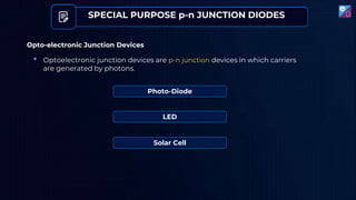 SPECIAL PURPOSE p-n JUNCTION DIODES
Opto-electronic Junction Devices
• Optoelectronic junction devices are p-n junction devices in which carriers
are generated by photons.
Photo-Diode
LED
Solar Cell
 