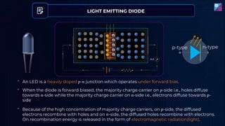 p-type n-type
• An LED is a heavily doped 𝑝-𝑛 junction which operates under forward bias.
• When the diode is forward biased, the majority charge carrier on 𝑝-side i.e., holes diffuse
towards 𝑛-side while the majority charge carrier on 𝑛-side i.e., electrons diffuse towards 𝑝-
side
• Because of the high concentration of majority charge carriers, on 𝑝-side, the diffused
electrons recombine with holes and on 𝑛-side, the diffused holes recombine with electrons.
On recombination energy is released in the form of electromagnetic radiation(light).
LIGHT EMITTING DIODE
 