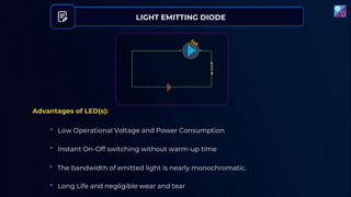 LIGHT EMITTING DIODE
Advantages of LED(s):
• Low Operational Voltage and Power Consumption
• Instant On-Off switching without warm-up time
• The bandwidth of emitted light is nearly monochromatic.
• Long Life and negligible wear and tear
 