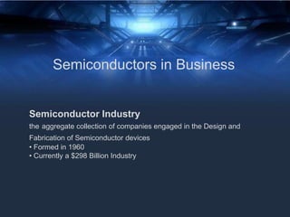 Semiconductors in Business
Semiconductor Industry
the aggregate collection of companies engaged in the Design and
Fabrication of Semiconductor devices
• Formed in 1960
• Currently a $298 Billion Industry
 