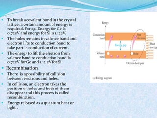  To break a covalent bond in the crystal 
lattice, a certain amount of energy is 
required. For eg. Energy for Ge is 
0.72eV and energy for Si is 1.12eV. 
 The holes remains in valence band and 
electron lifts to conduction band to 
take part in conduction of current. 
 The energy to lift the electron from 
valence band to conduction band is 
0.72eV for Ge and 1.12 eV for Si. 
 Recombination 
 There is a possibility of collision 
between electrons and holes. 
 In collision, an electron takes the 
position of holes and both of them 
disappear and this process is called 
recombination. 
 Energy released as a quantum heat or 
light . 
 