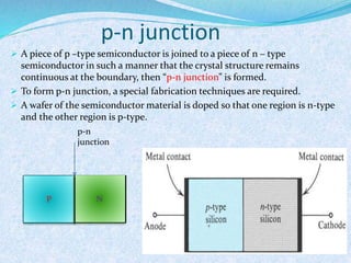 p-n junction 
 A piece of p –type semiconductor is joined to a piece of n – type 
semiconductor in such a manner that the crystal structure remains 
continuous at the boundary, then “p-n junction” is formed. 
 To form p-n junction, a special fabrication techniques are required. 
 A wafer of the semiconductor material is doped so that one region is n-type 
and the other region is p-type. 
p-n 
junction 
P N 
 