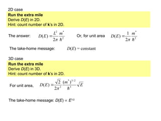 2D case
Run the extra mile
Derive D(E) in 2D.
Hint: count number of k’s in 2D.
The answer: 2
*
2
2
)
(

m
L
E
D

 Or, for unit area 2
*
2
1
)
(

m
E
D


The take-home message: D(E) = constant
3D case
Run the extra mile
Derive D(E) in 3D.
Hint: count number of k’s in 2D.
For unit area, E
m
E
D 3
2
/
3
*
2
)
(
2
2
)
(



The take-home message: D(E)  E1/2
 