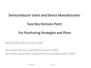 Semiconductor Users and Device Manufacturers
Face Key Decision Point
For Purchasing Strategies and Plans
Semicon West 2013 consensus view:
Demand for Devices is expected to increase in 2014.
Demand for equipment is expected to increase substantially in 2014
Bill Kohnen July 2013
 