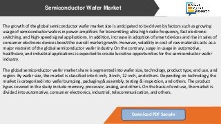 The growth of the global semiconductor wafer market size is anticipated to be driven by factors such as growing
usage of s...