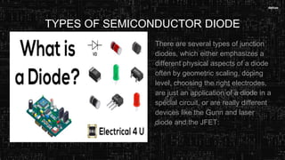 TYPES OF SEMICONDUCTOR DIODE
There are several types of junction
diodes, which either emphasizes a
different physical aspects of a diode
often by geometric scaling, doping
level, choosing the right electrodes,
are just an application of a diode in a
special circuit, or are really different
devices like the Gunn and laser
diode and the JFET:
 
