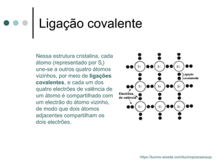 Ligação covalente
Nessa estrutura cristalina, cada
átomo (representado por Si)
une-se a outros quatro átomos
vizinhos, por meio de ligações
covalentes, e cada um dos
quatro electrões de valência de
um átomo é compartilhado com
um electrão do átomo vizinho,
de modo que dois átomos
adjacentes compartilham os
dois electrões.
https://lucinio.wixsite.com/lucinioprezaaraujo
 
