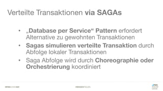 #WISSENTEILEN
Verteilte Transaktionen via SAGAs
• „Database per Service“ Pattern erfordert
Alternative zu gewohnten Transaktionen
• Sagas simulieren verteilte Transaktion durch
Abfolge lokaler Transaktionen
• Saga Abfolge wird durch Choreographie oder
Orchestrierung koordiniert
 