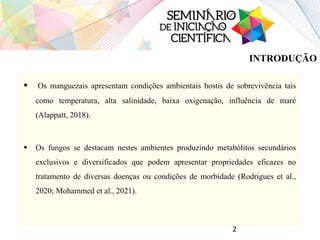 INTRODUÇÃO
 Os manguezais apresentam condições ambientais hostis de sobrevivência tais
como temperatura, alta salinidade, baixa oxigenação, influência de maré
(Alappatt, 2018).
 Os fungos se destacam nestes ambientes produzindo metabólitos secundários
exclusivos e diversificados que podem apresentar propriedades eficazes no
tratamento de diversas doenças ou condições de morbidade (Rodrigues et al.,
2020; Mohammed et al., 2021).
2
 