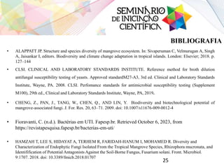 • ALAPPATT JP. Structure and species diversity of mangrove ecosystem. In: Sivaperuman C, Velmurugan A, Singh
A, Jaisankar I, editors. Biodiversity and climate change adaptation in tropical islands. London: Elsevier; 2018. p.
127–144
• CLSI. CLINICAL AND LABORATORY STANDARDS INSTITUTE. Reference method for broth dilution
antifungal susceptibility testing of yeasts. Approved standardM27-A3, 3rd ed. Clinical and Laboratory Standards
Institute, Wayne, PA. 2008. CLSI. Perfomance standards for antimicrobial susceptibility testing (Supplement
M100), 29th ed., Clinical and Laboratory Standards Institute, Wayne, PA, 2019.
• CHENG, Z., PAN, J., TANG, W., CHEN, Q., AND LIN, Y. Biodiversity and biotechnological potential of
mangrove-associated fungi. J. For. Res. 20, 63–71. 2009. doi: 10.1007/s11676-009-0012-4
• Fioravanti, C. (n.d.). Bactérias em UTI. Fapesp.br. Retrieved October 6, 2023, from
https://revistapesquisa.fapesp.br/bacterias-em-uti/
• HAMZAH T, LEE S, HIDAYAT A, TERHEM R, FARIDAH-HANUM I, MOHAMED R. Diversity and
Characterization of Endophytic Fungi Isolated From the Tropical Mangrove Species, Rhizophora mucronata, and
Identifification of Potential Antagonists Against the Soil-Borne Fungus, Fusarium solani. Front. Microbiol.
9:1707. 2018. doi: 10.3389/fmicb.2018.01707
25
BIBLIOGRAFIA
 