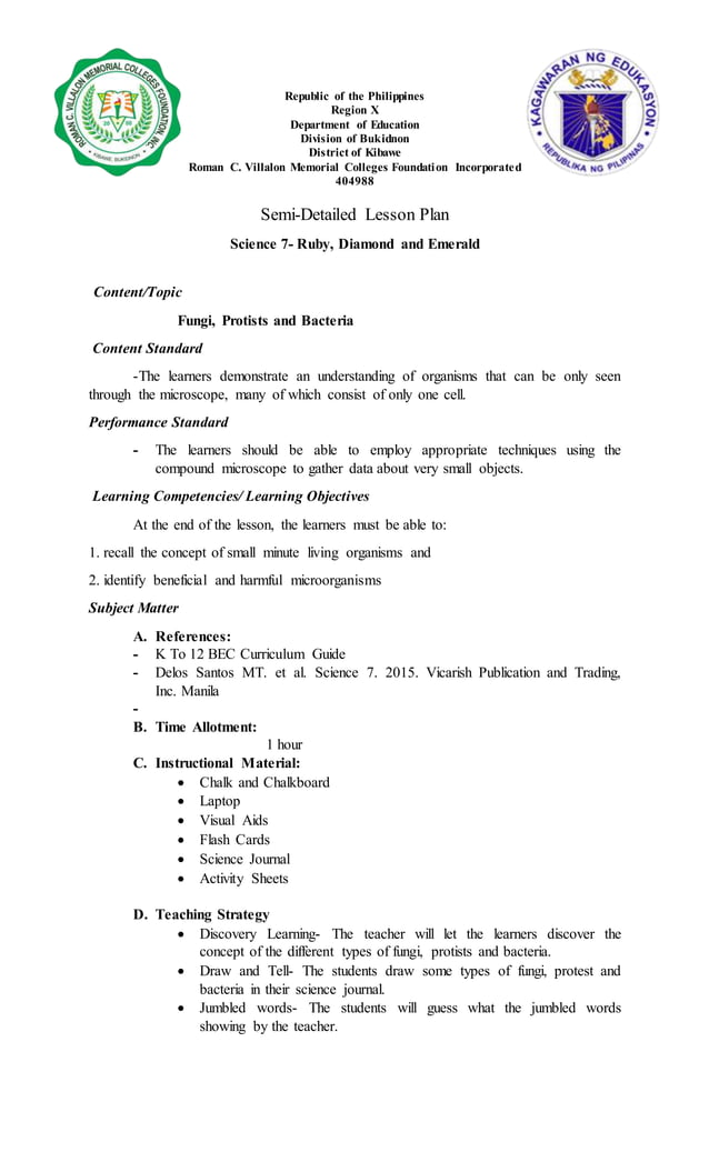 Sample Semi detailed Lesson Plan For Grade 7 Science Prepared By Sample Semi detailed Lesson Plan For Grade 7 Science Prepared By