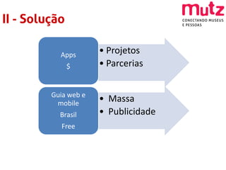 II - Solução

           Apps       • Projetos
               $      • Parcerias


         Guia web e
          mobile
                      • Massa
           Brasil     • Publicidade
            Free
 