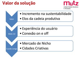 Valor da solução

               • Incremento na sustentabilidade
    Valor      • Elos da cadeia produtiva

               • Experiência do usuário
  Web 2.0      • Conexão on e off

               • Mercado de Nicho
 Cauda Longa   • Cidades Criativas
 