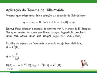 Aplica¸c˜ao do Teoema de Hille-Yosida
Mostrar que existe uma ´unica solu¸c˜ao da equa¸c˜ao de Schr¨odinger
ut − iαuxx = 0, com x ∈ R e u(x, 0) = u0
Dem.: Para calcular a energia do sistema ver A. Haraux & E. Zuazua;
Decay estimates for some semilinear damped hyperbolic problems.
Arch. Rat. Mech. Anal. Vol. 100(2), pages 191– 206, (1988).
Escolha do espa¸co de face onde a energia esteja bem deﬁnida,
X = L2(R).
A = iα
δ2
δx2
D(A) = {w ∈ L2(R); wxx ∈ L2(R)} = H2(R).
17 of 18
 