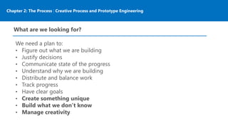 Chapter 2: The Process | Creative Process and Prototype Engineering
What are we looking for?
We need a plan to:
• Figure out what we are building
• Justify decisions
• Communicate state of the progress
• Understand why we are building
• Distribute and balance work
• Track progress
• Have clear goals
• Create something unique
• Build what we don’t know
• Manage creativity
 